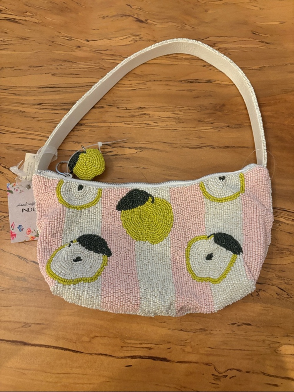 Beaded Apple Motif Shoulder Bag in Pink, White & Green